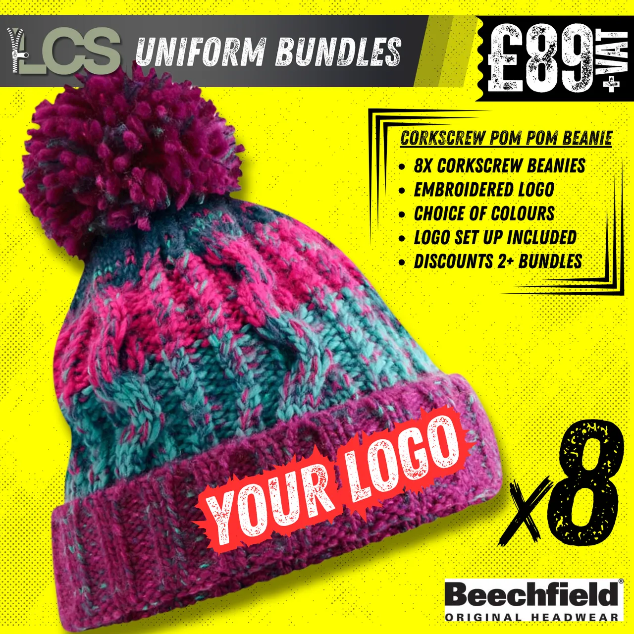 8x Beechfield Corkscrew Beanies With Embroidery