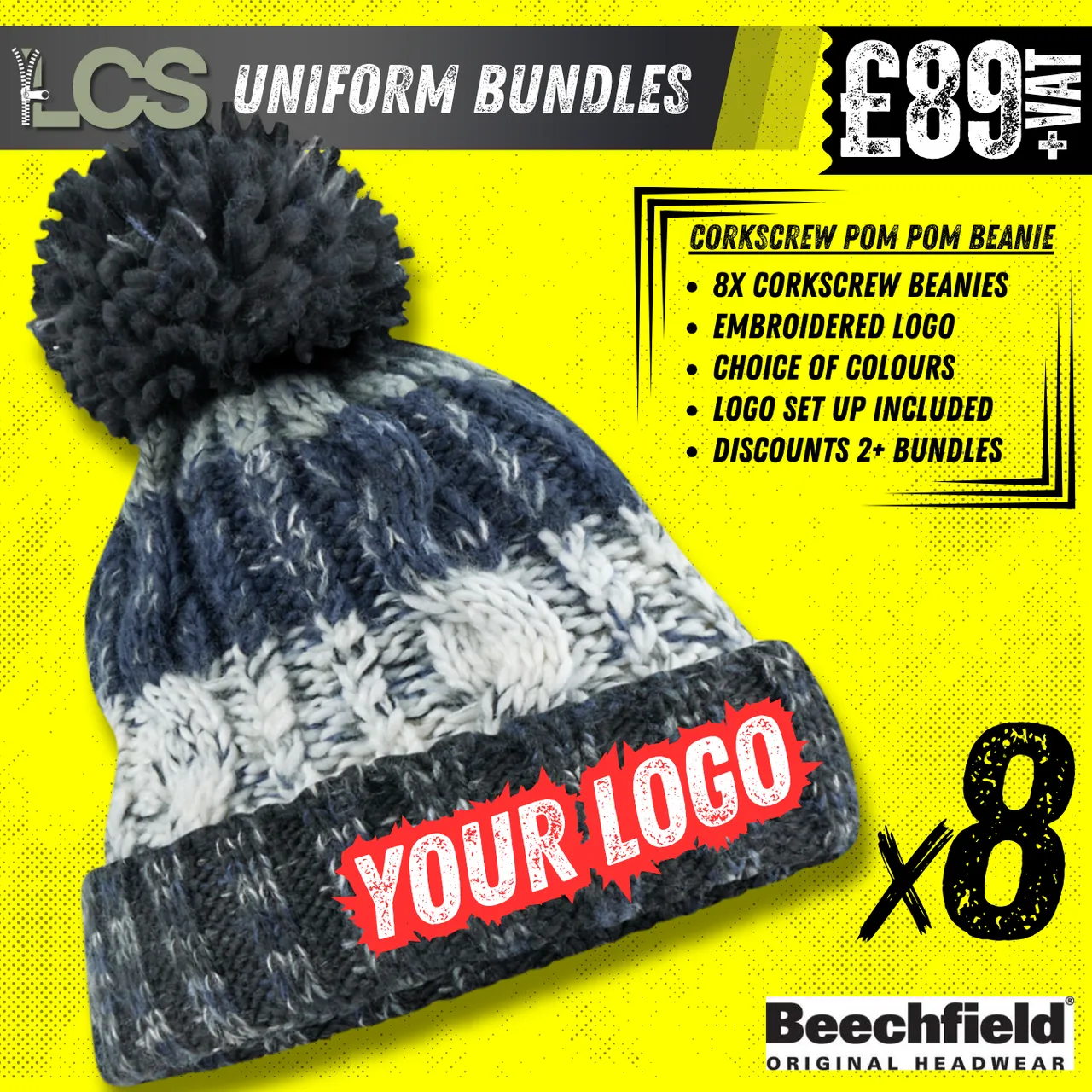 8x Beechfield Corkscrew Beanies With Embroidery