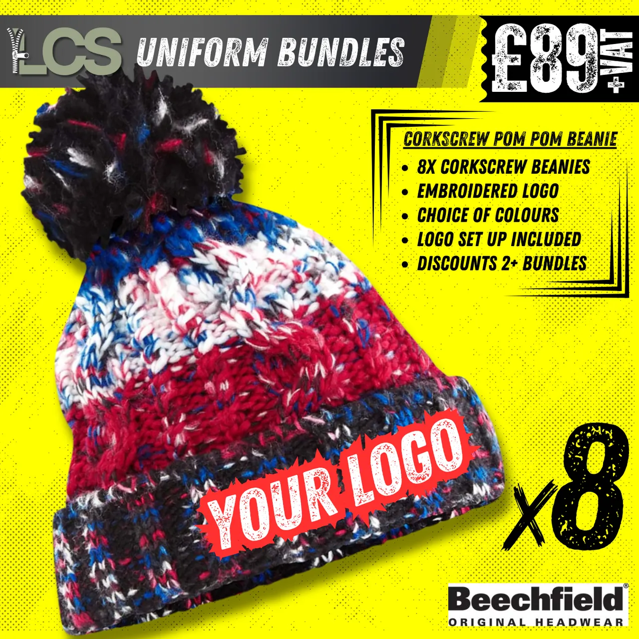 8x Beechfield Corkscrew Beanies With Embroidery