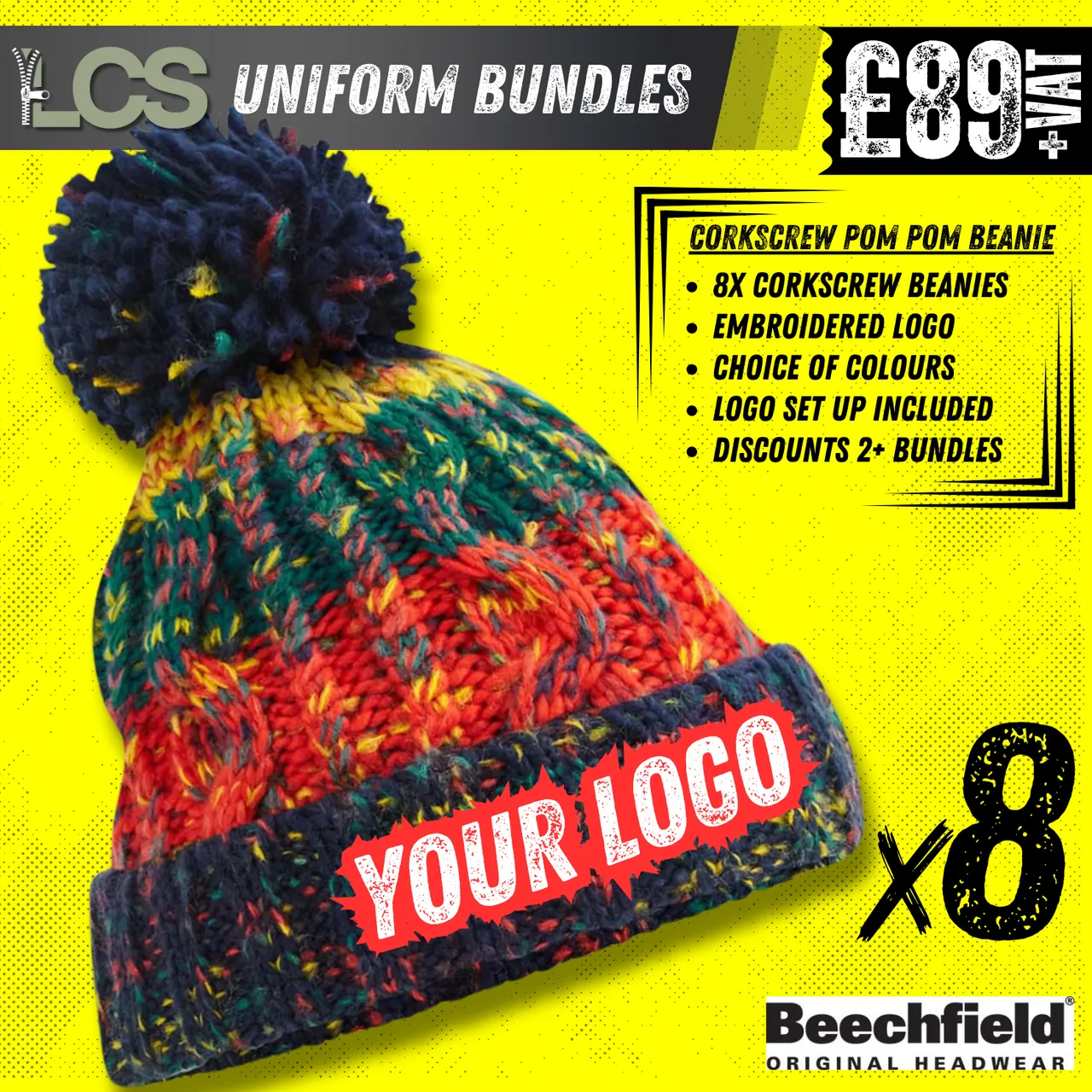 8x Beechfield Corkscrew Beanies With Embroidery