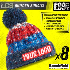 8x Beechfield Corkscrew Beanies With Embroidery