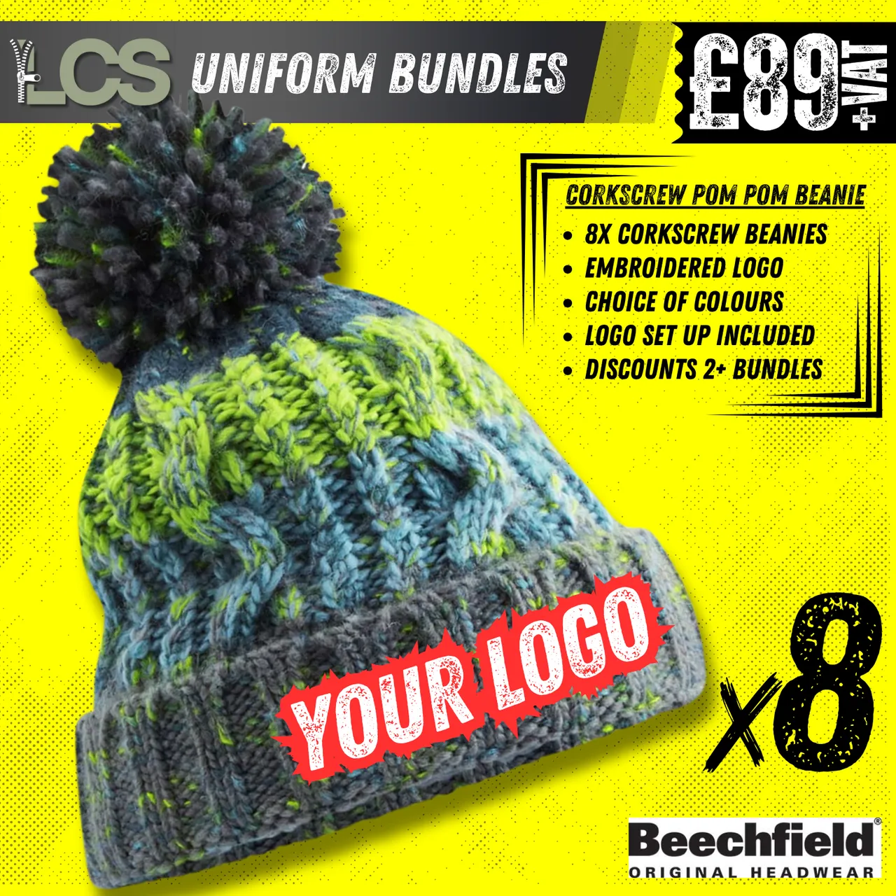 8x Beechfield Corkscrew Beanies With Embroidery