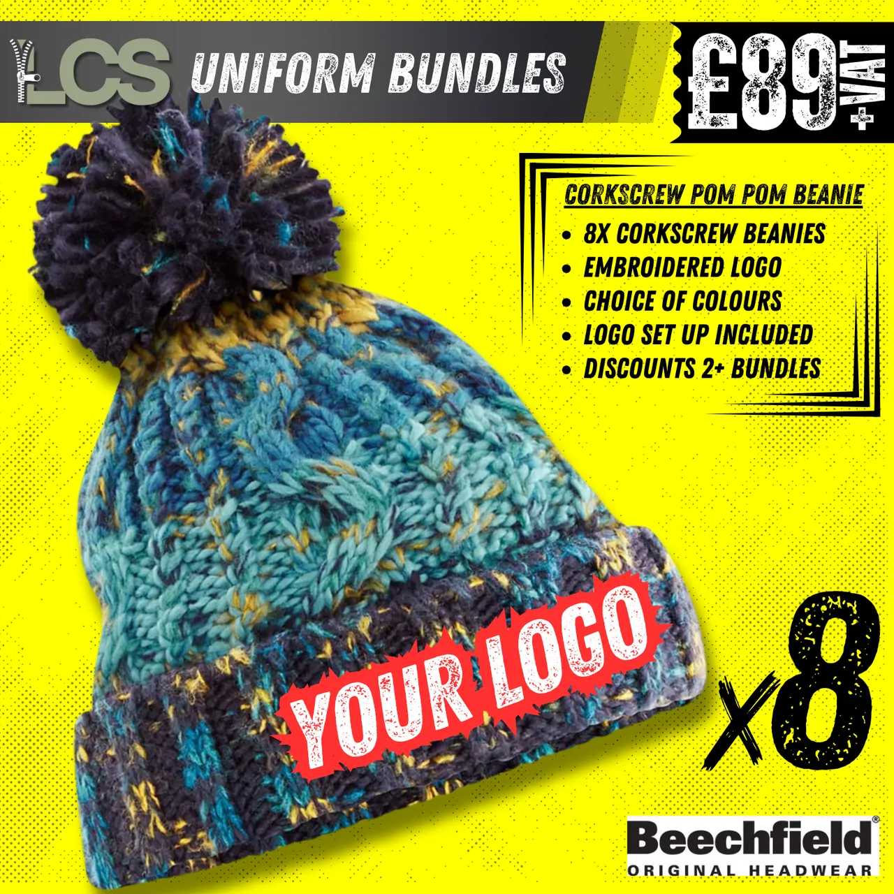 8x Beechfield Corkscrew Beanies With Embroidery