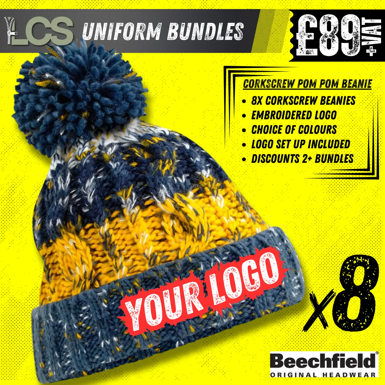 8x Beechfield Corkscrew Beanies With Embroidery