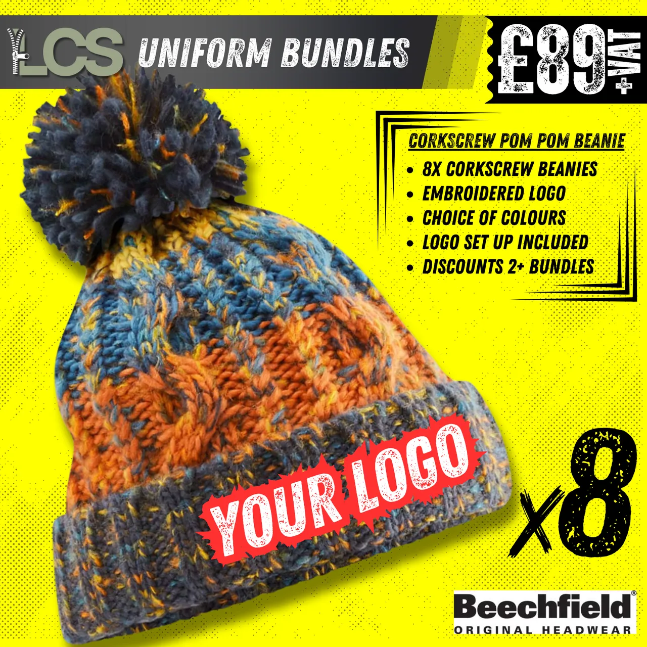 8x Beechfield Corkscrew Beanies With Embroidery