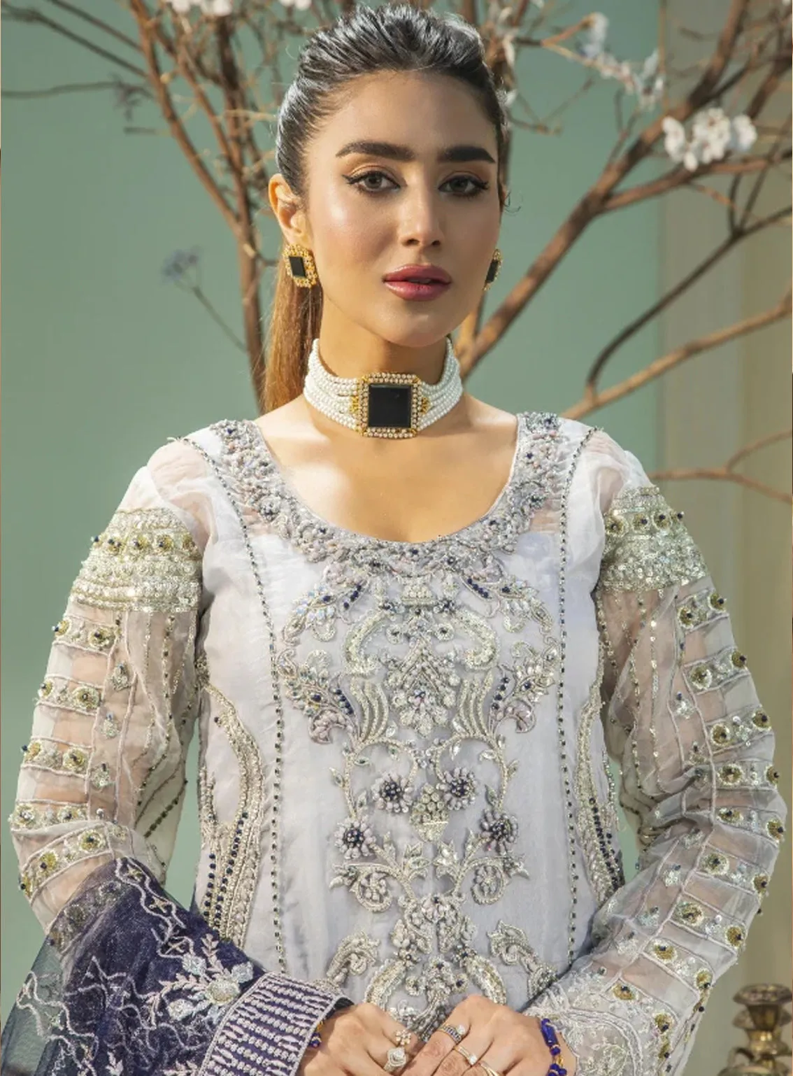 Areesha Embroidered Organza Unstitched 3 Piece Suit - ARE24EP 07 CADET GREY