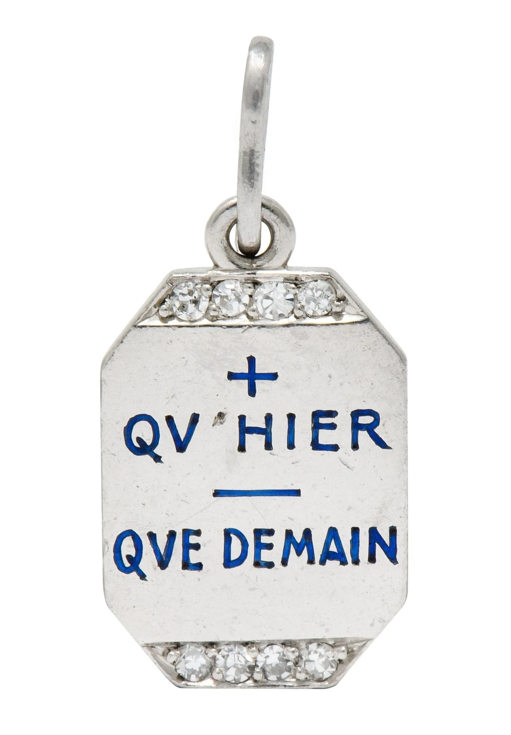 Art Deco French Enamel Diamond Platinum Qu Hier Que Demain Love Poem Charm