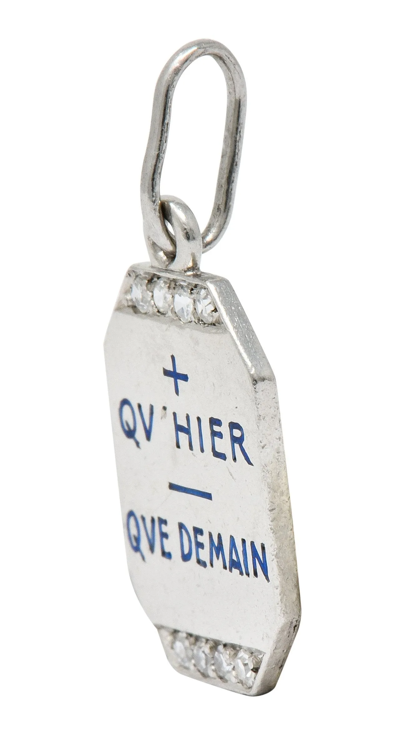 Art Deco French Enamel Diamond Platinum Qu Hier Que Demain Love Poem Charm