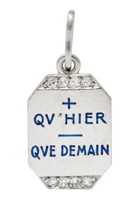 Art Deco French Enamel Diamond Platinum Qu Hier Que Demain Love Poem Charm