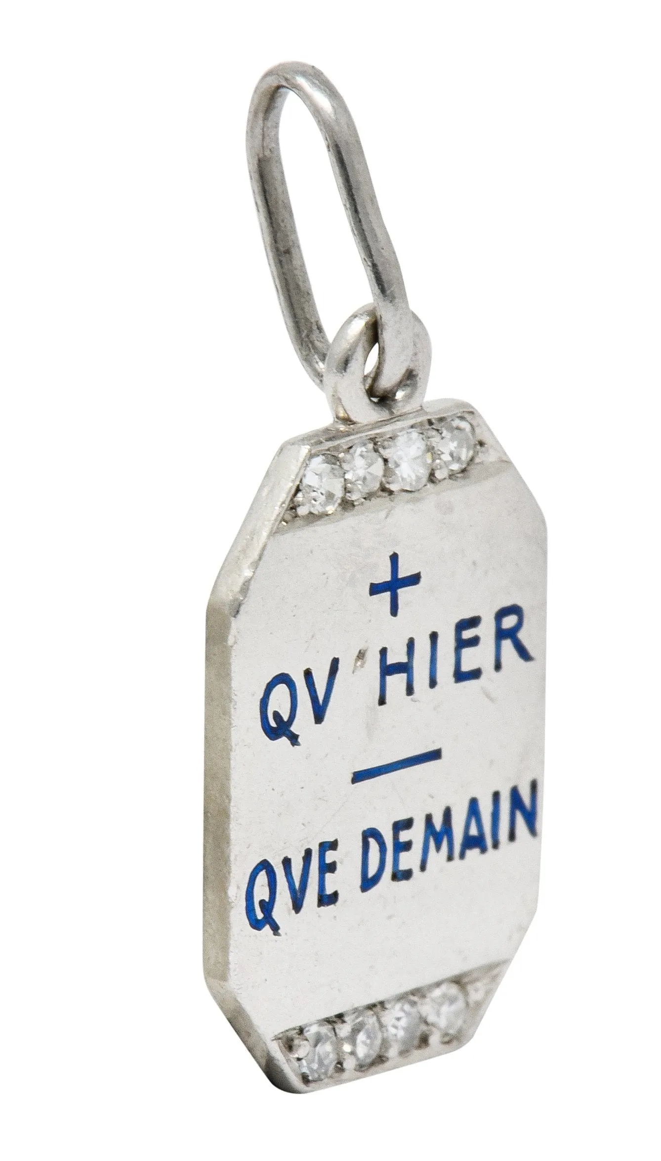 Art Deco French Enamel Diamond Platinum Qu Hier Que Demain Love Poem Charm