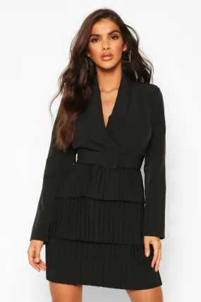 Belted Pleated Detail Blazer Dress