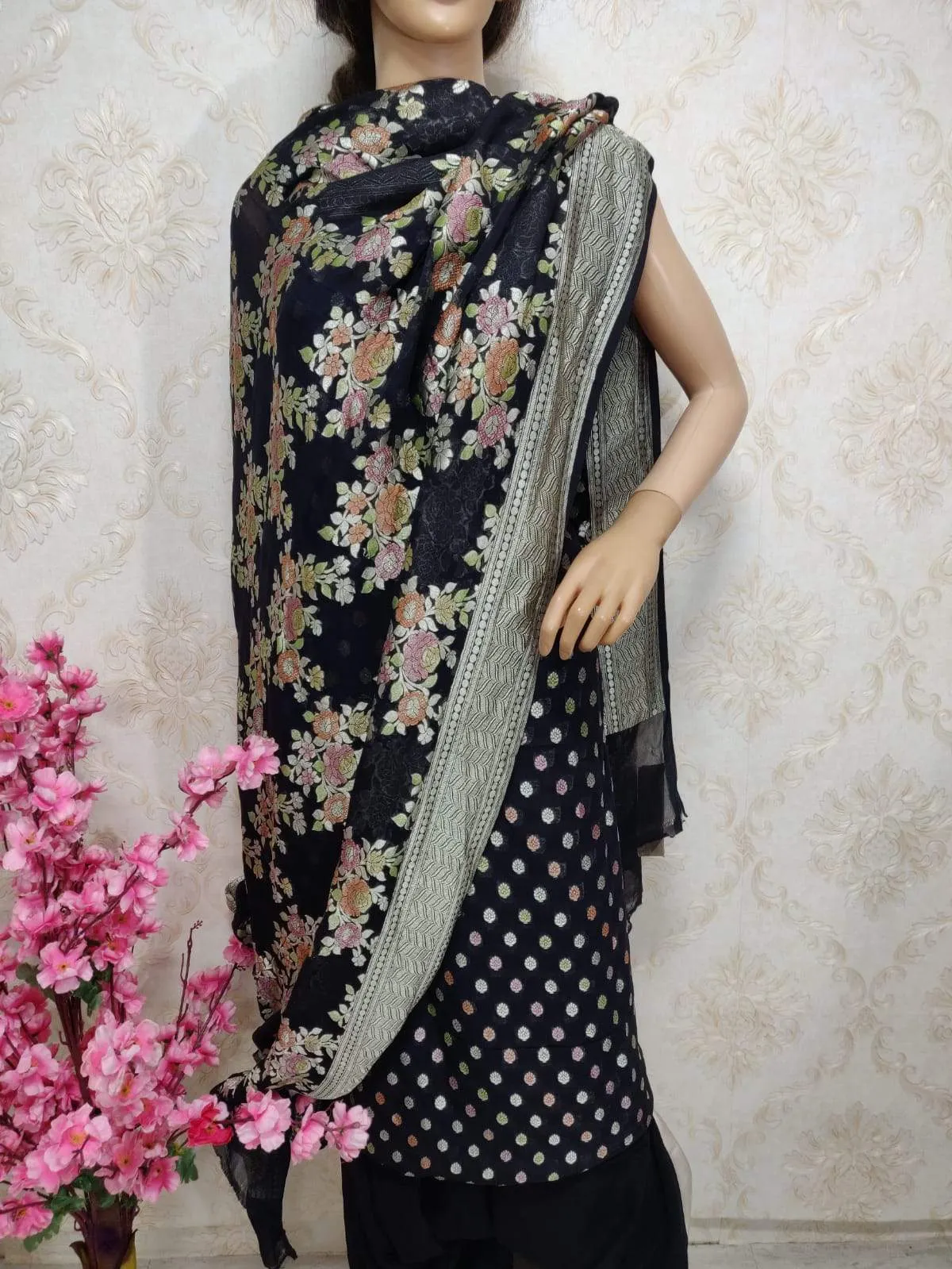 Black Handloom Banarasi Pure Georgette Three Piece Unstitched Suit Set With Brush Dye Dupatta