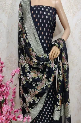 Black Handloom Banarasi Pure Georgette Three Piece Unstitched Suit Set With Brush Dye Dupatta