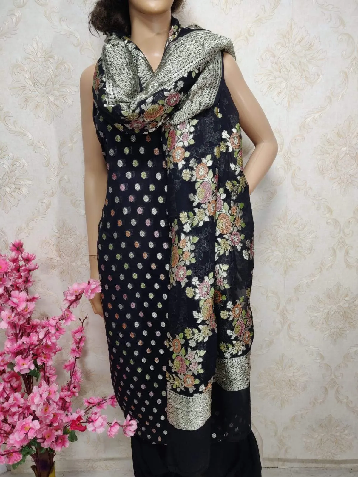 Black Handloom Banarasi Pure Georgette Three Piece Unstitched Suit Set With Brush Dye Dupatta