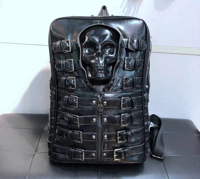 Black Leather Biker Skull Backpack