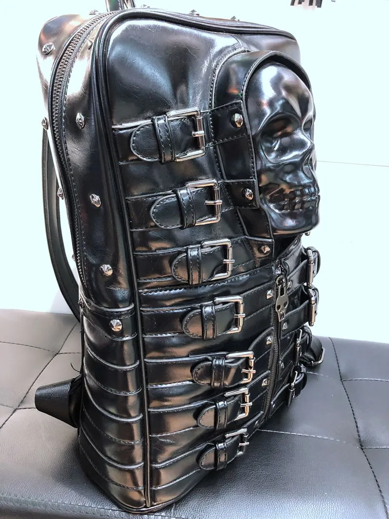 Black Leather Biker Skull Backpack