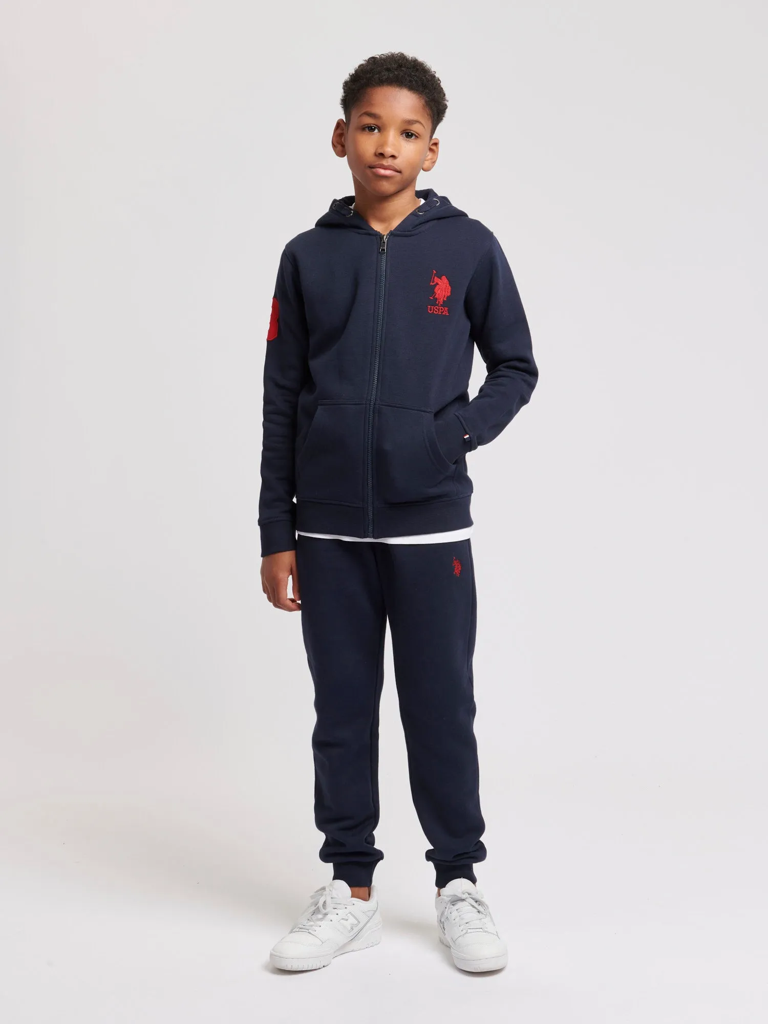 Boys Player 3 Zip Hoodie in Dark Sapphire Navy / Haute Red DHM