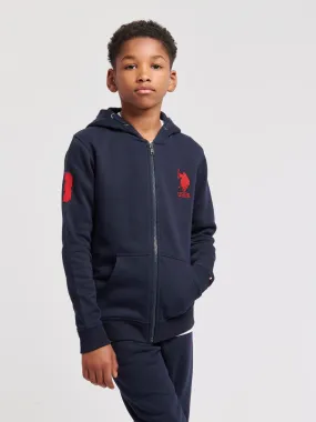 Boys Player 3 Zip Hoodie in Dark Sapphire Navy / Haute Red DHM