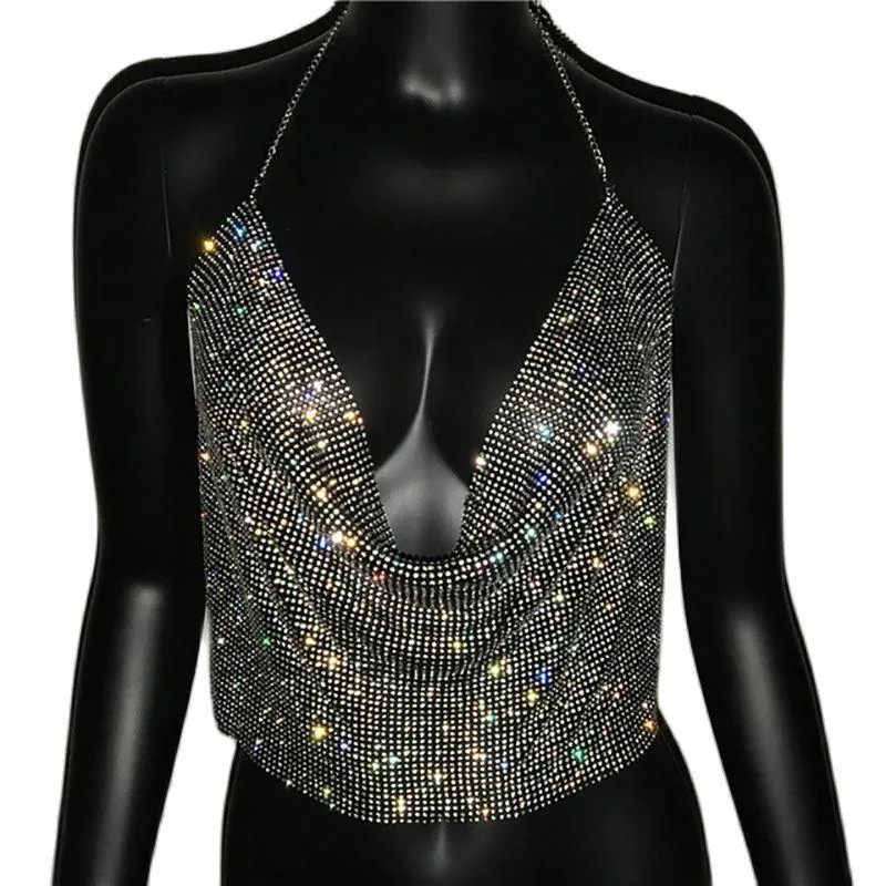 Brilliant Rhinestone Backless Party Crop Top