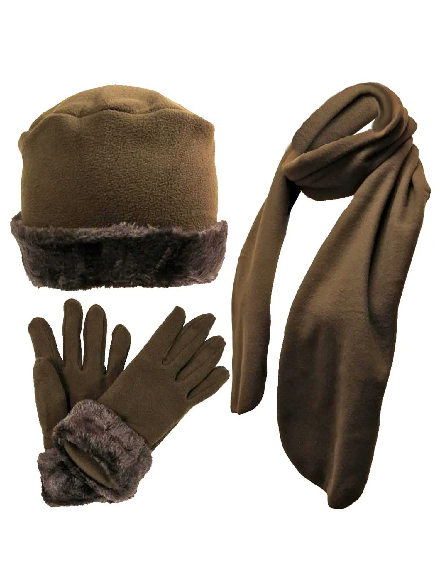 Brown Faux Fur Trim Fleece 3 Piece Hat Scarf & Glove Set