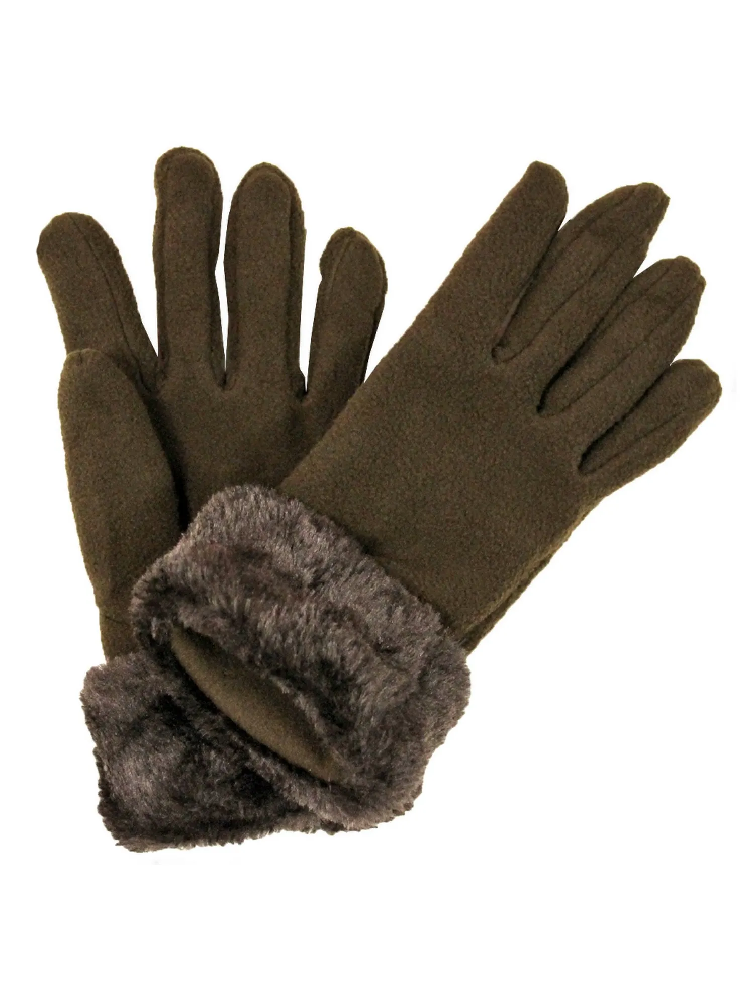 Brown Faux Fur Trim Fleece 3 Piece Hat Scarf & Glove Set