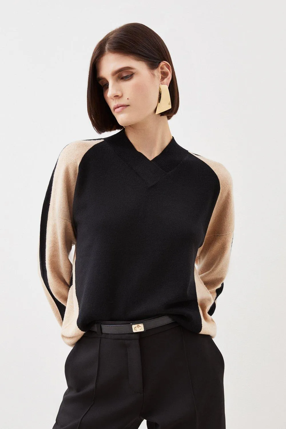 Cashmere Wool Knit High Neck Colour Block Jumper | Karen Millen