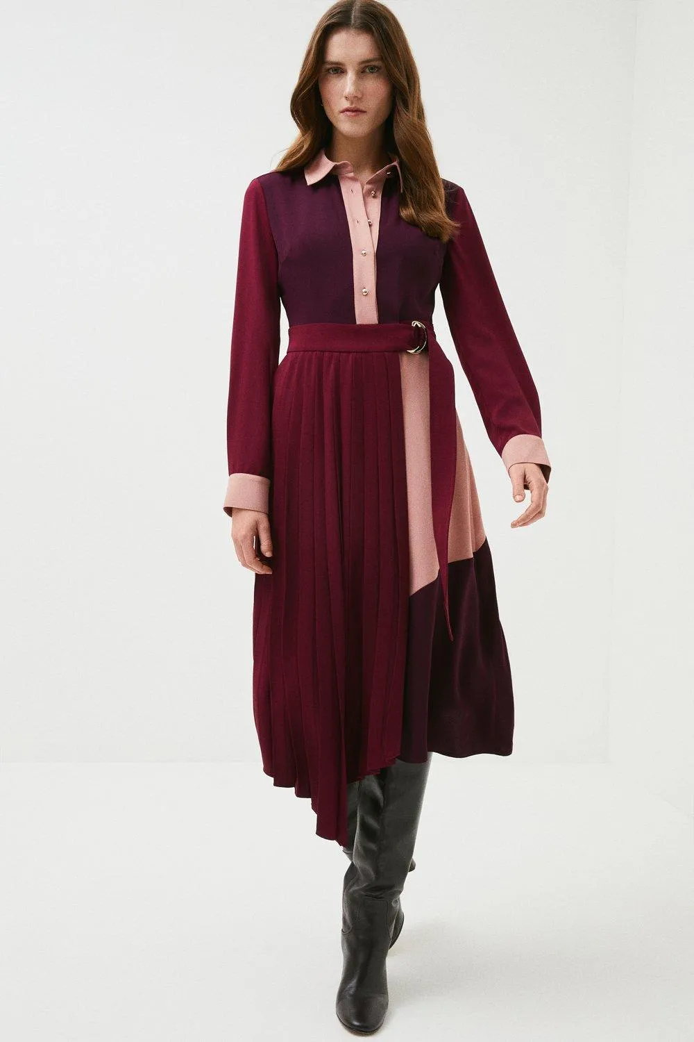 Colourblock Soft Midi Long Sleeve Shirt Midi Dress | Karen Millen