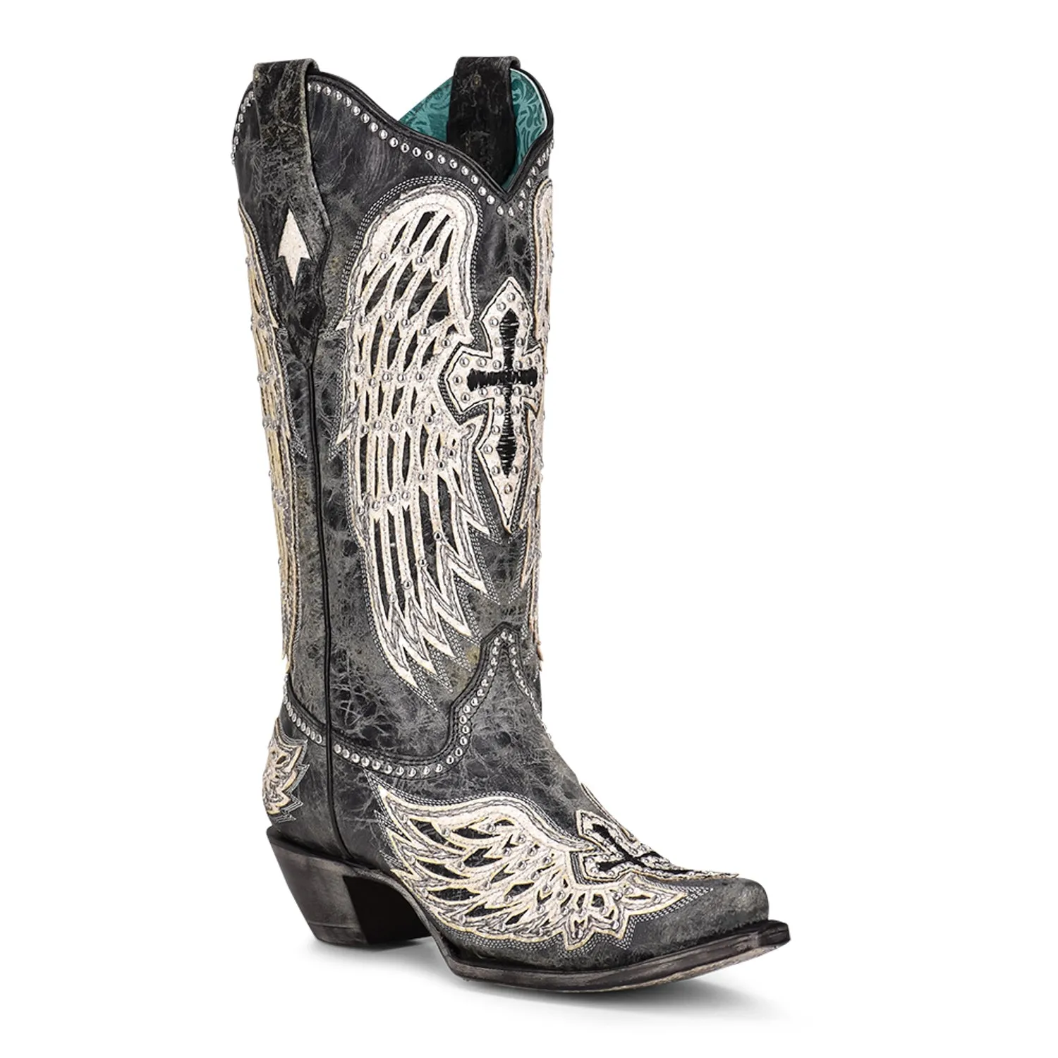 Corral Womens A4232 Black Leather 13in Winged Cross Cowboy Boots