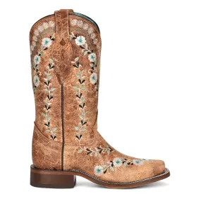 Corral Womens A4398 Cognac Leather Floral Stitch Cowboy Boots