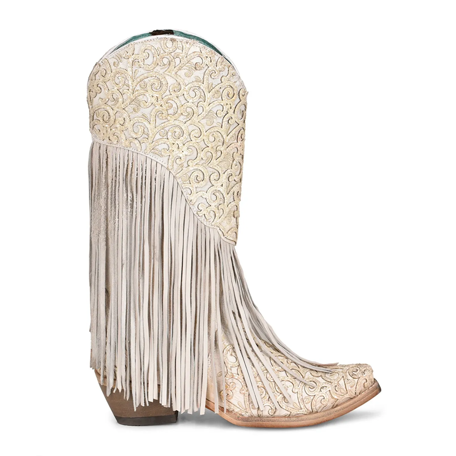 Corral Womens C3955 White Leather Wedding Fringe Cowboy Boots