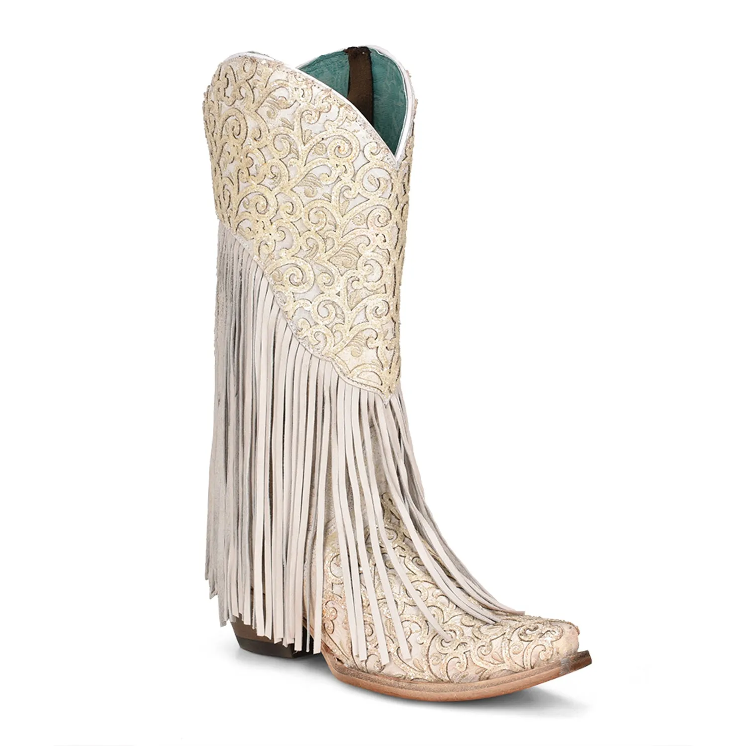 Corral Womens C3955 White Leather Wedding Fringe Cowboy Boots