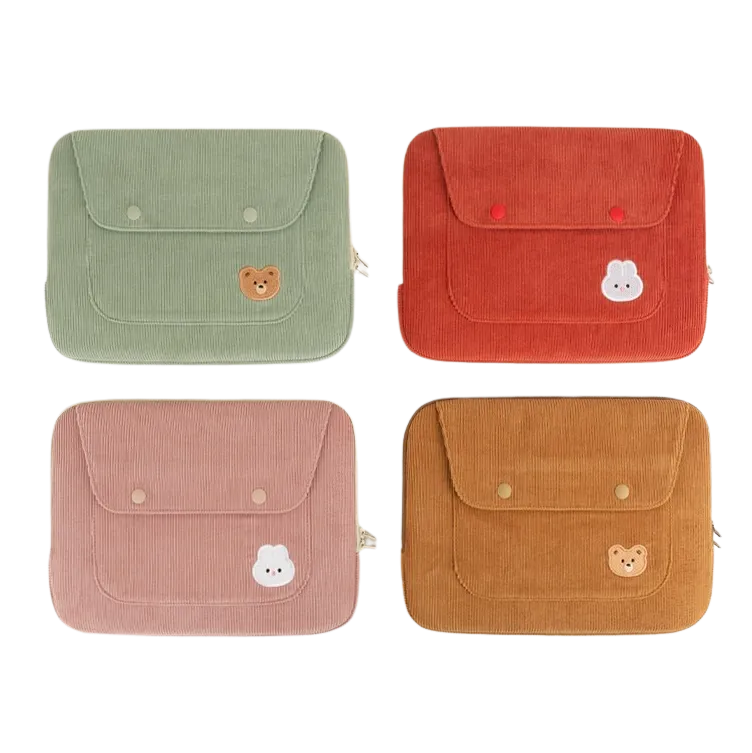 Cute Embroidery Bear Bunny Rabbit Corduroy Laptop Sleeves iPad 11 13 15 Cases Skins Protective Covers Purses Handbags Square Pou