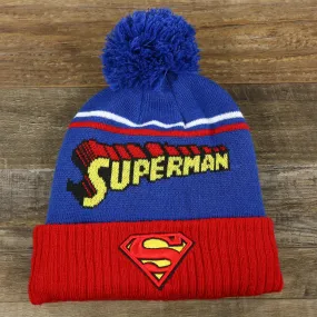 DC Comics Superman S-Shield Logo Superman Wordmark Striped Beanie With Blue Pom Pom | Blue And Red Winter Beanie