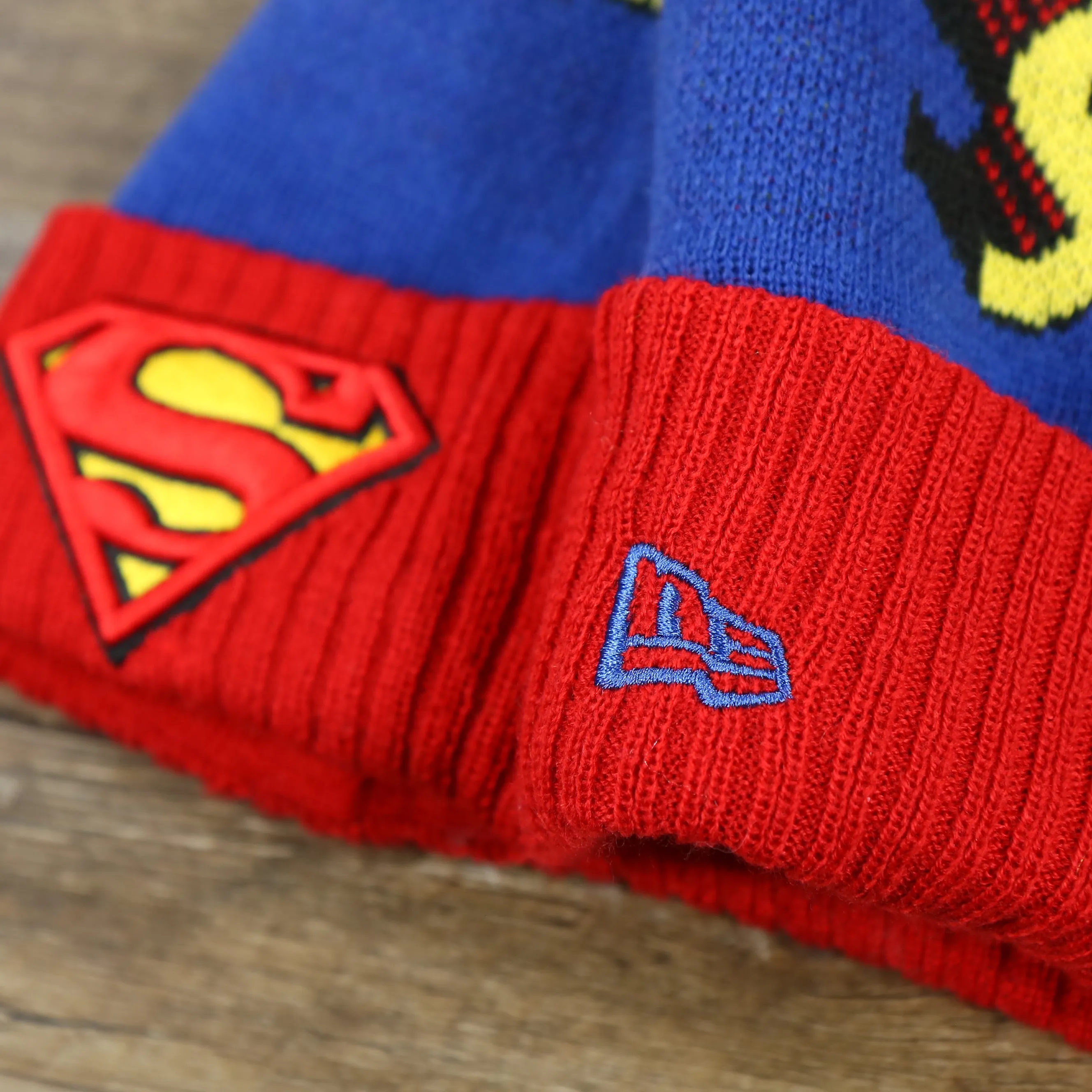 DC Comics Superman S-Shield Logo Superman Wordmark Striped Beanie With Blue Pom Pom | Blue And Red Winter Beanie