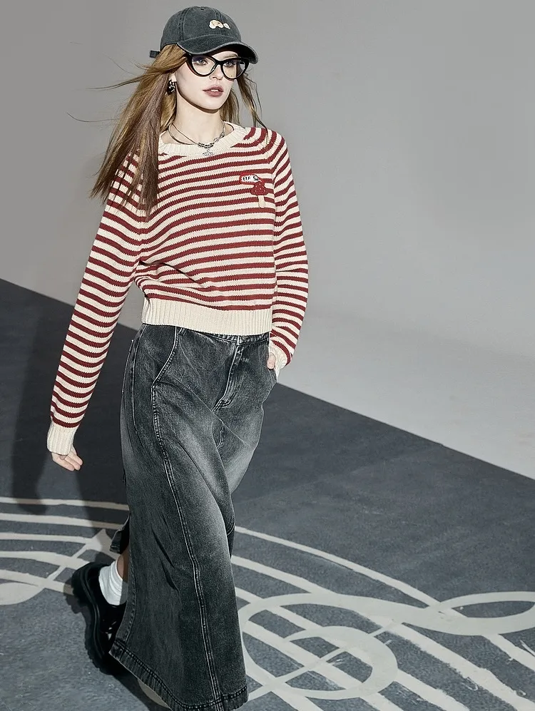 ELF SACK  |Stripes Casual Style Street Style U-Neck Long Sleeves Cotton