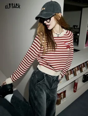 ELF SACK  |Stripes Casual Style Street Style U-Neck Long Sleeves Cotton