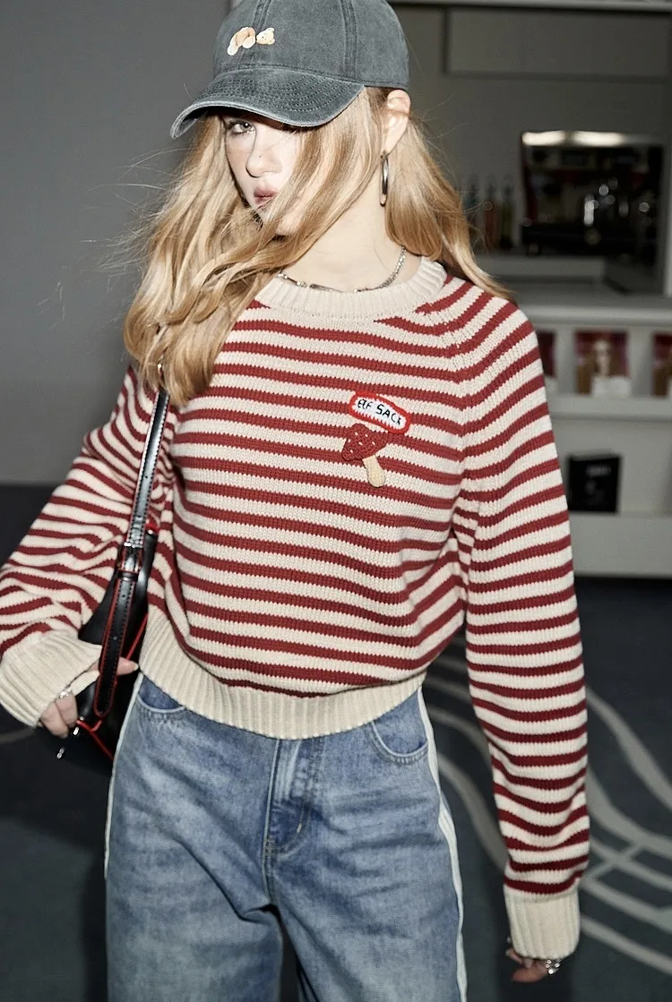 ELF SACK  |Stripes Casual Style Street Style U-Neck Long Sleeves Cotton