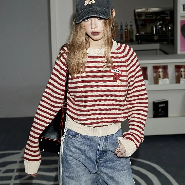 ELF SACK  |Stripes Casual Style Street Style U-Neck Long Sleeves Cotton