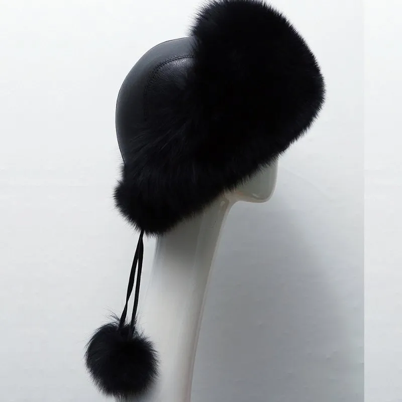 est Women's Raccoon Fur Hat Leather  Fur Hats Lady Warm Charm Beanies Caps Headgear Fox Fur Ball SM6