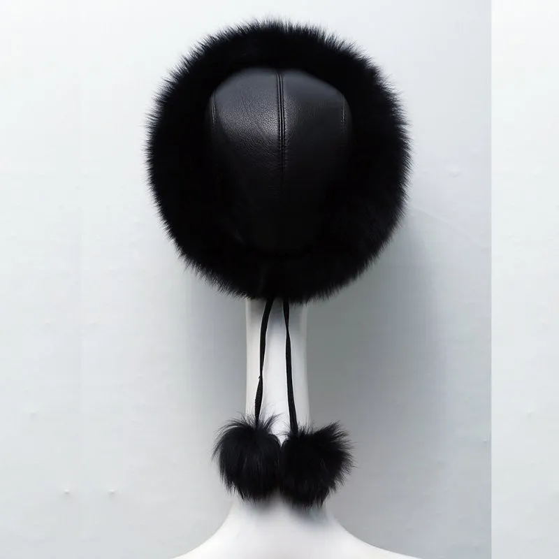 est Women's Raccoon Fur Hat Leather  Fur Hats Lady Warm Charm Beanies Caps Headgear Fox Fur Ball SM6