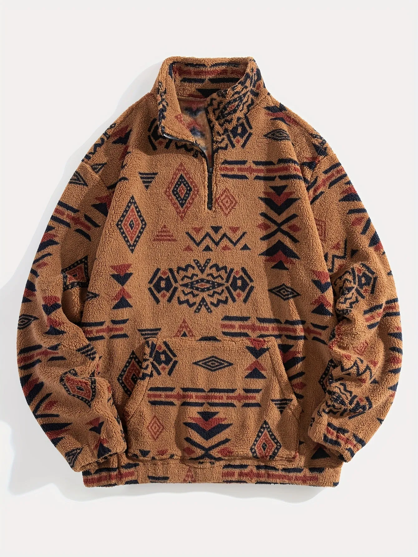 Ethnic Pattern Corduroy Trendy Sweatshirt, Men's Casual Graphic Design Stand Neck Sweatshirt For Men Fall Winter