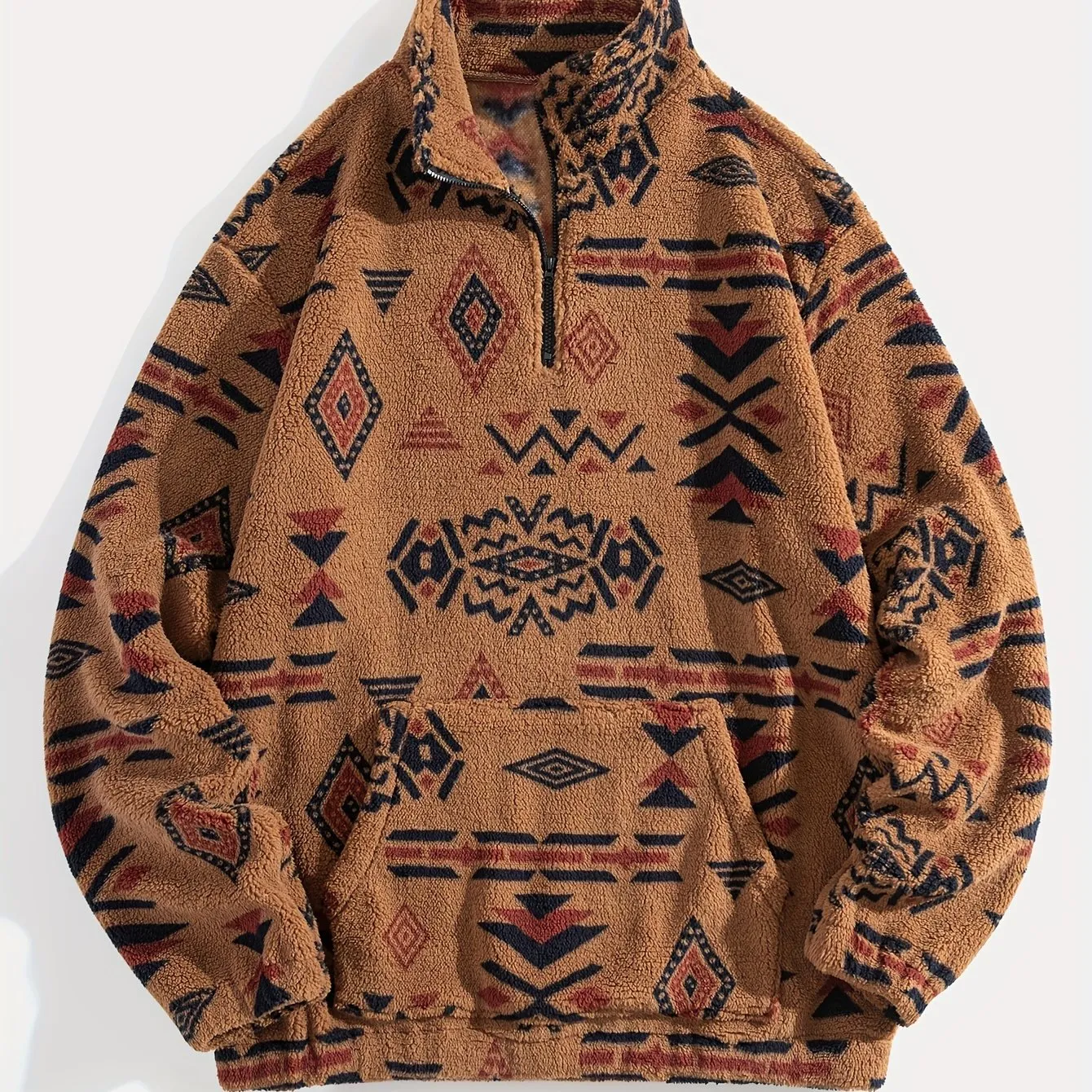 Ethnic Pattern Corduroy Trendy Sweatshirt, Men's Casual Graphic Design Stand Neck Sweatshirt For Men Fall Winter