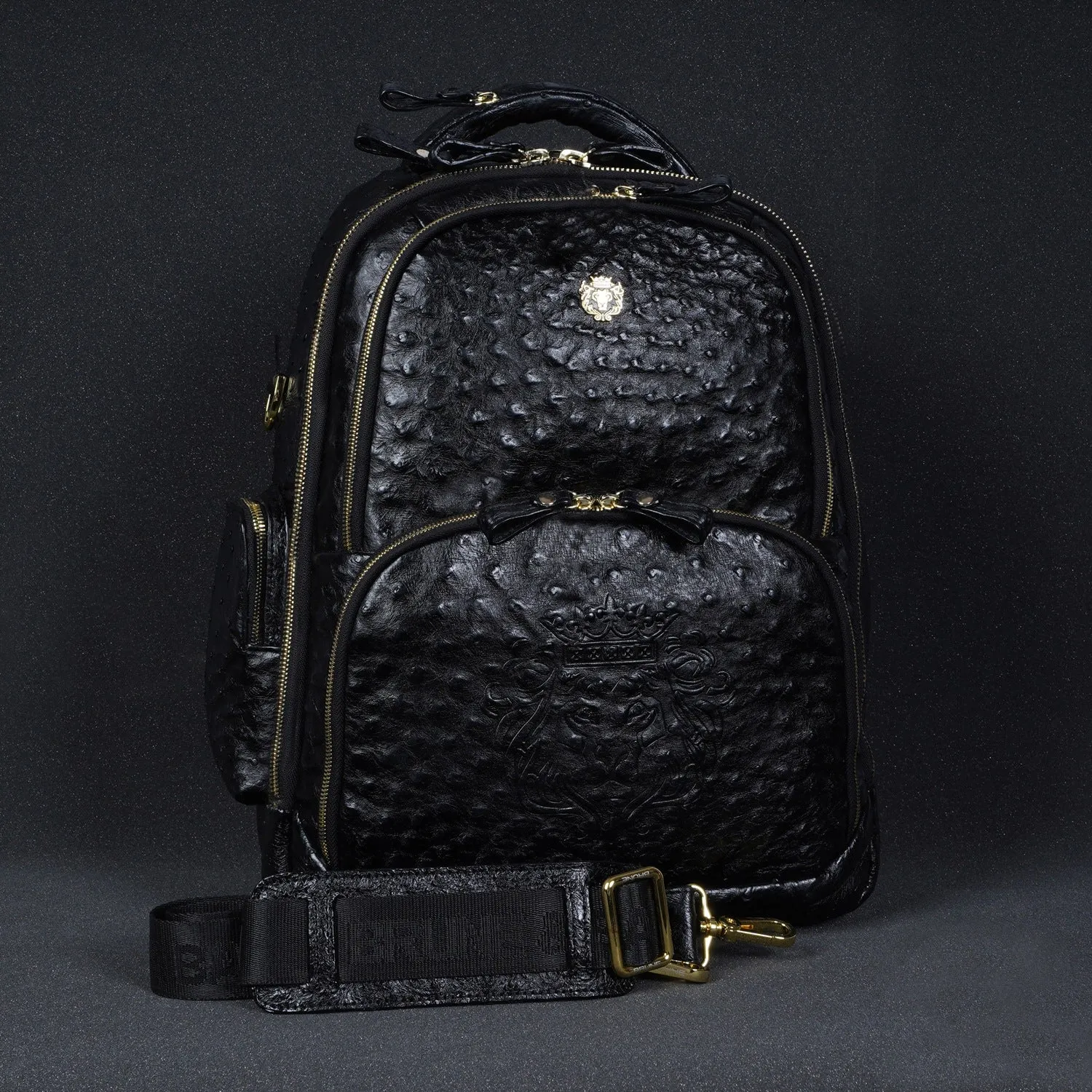 Exotic Black Backpack in Ostrich Leather with Super Functional Storage