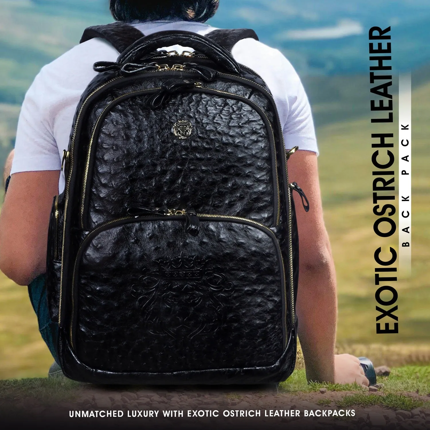 Exotic Black Backpack in Ostrich Leather with Super Functional Storage