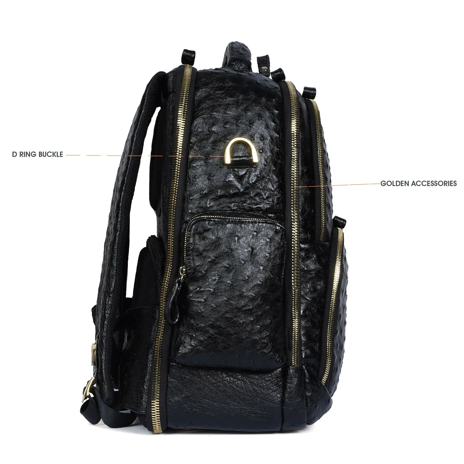 Exotic Black Backpack in Ostrich Leather with Super Functional Storage