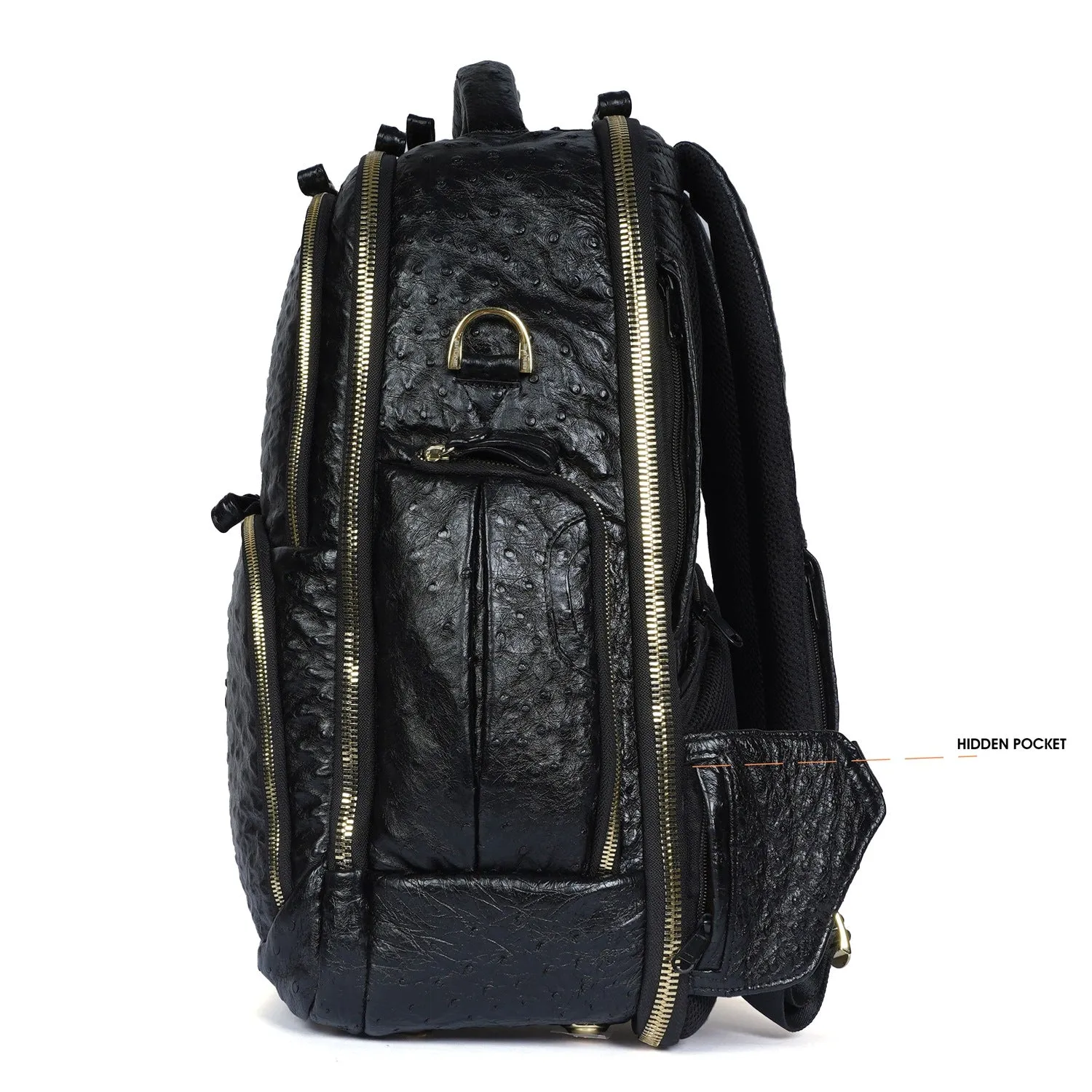 Exotic Black Backpack in Ostrich Leather with Super Functional Storage