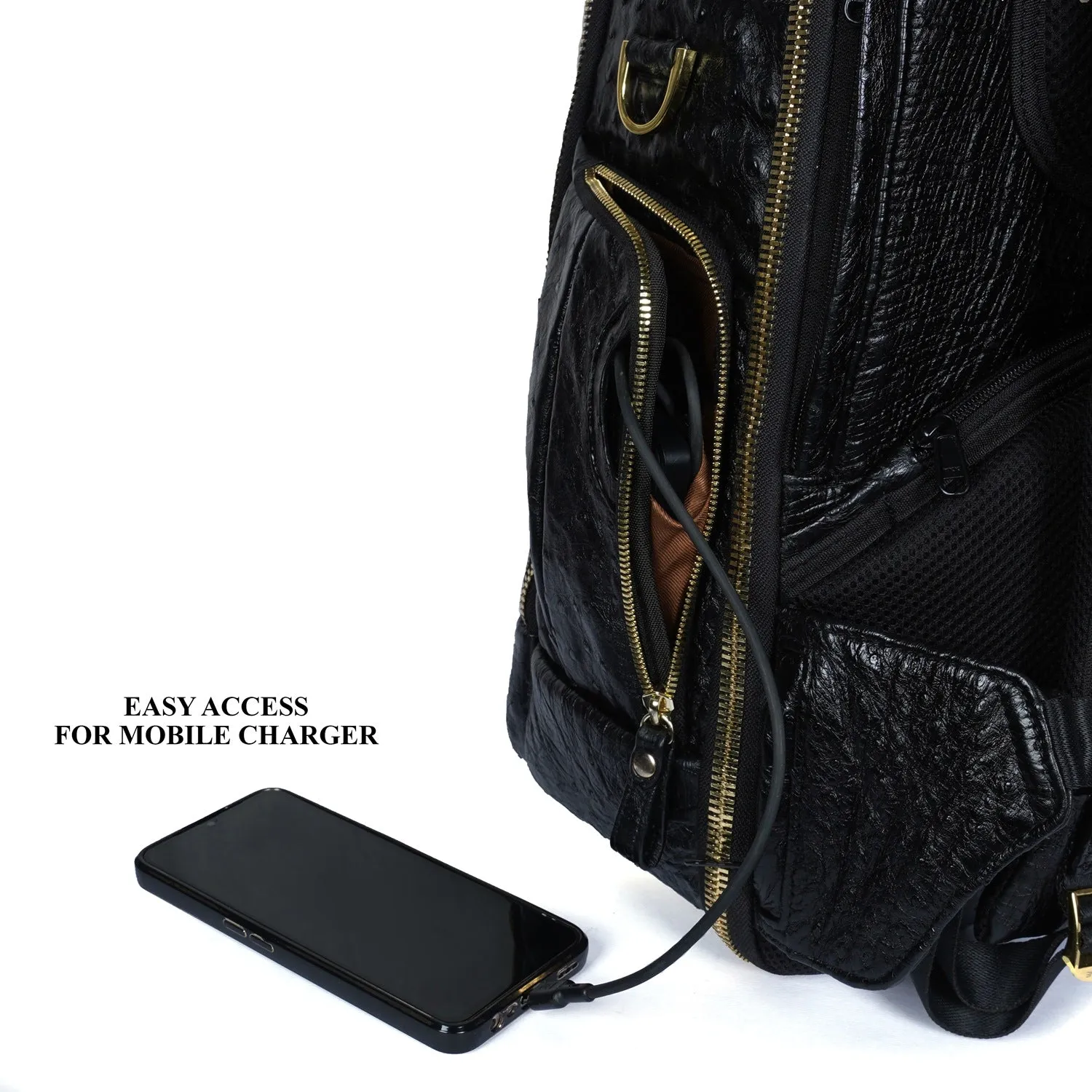 Exotic Black Backpack in Ostrich Leather with Super Functional Storage