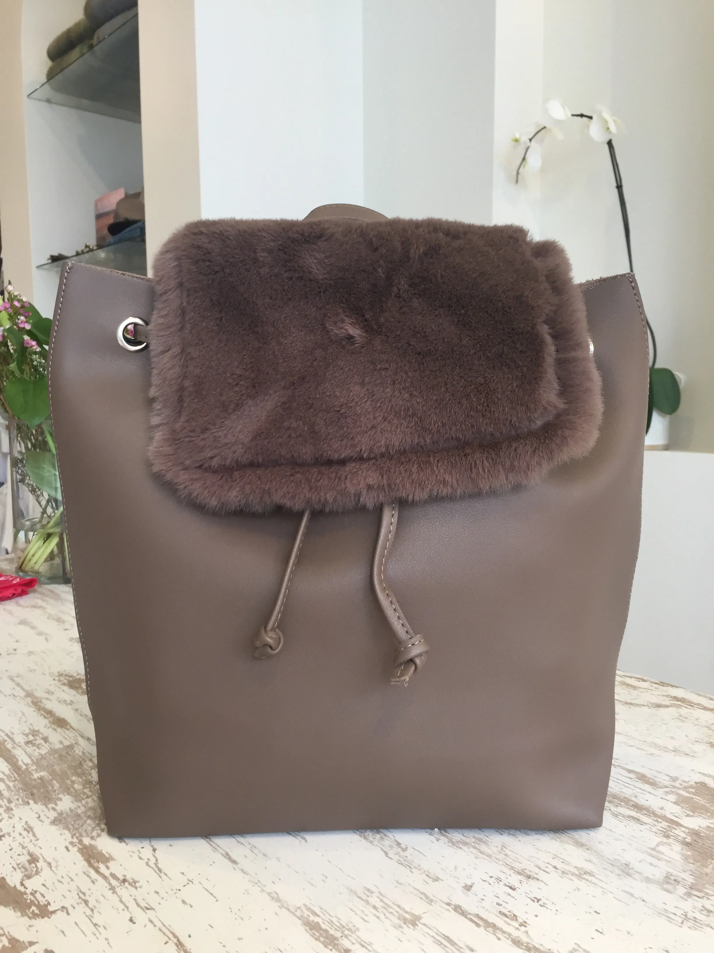 Faux Fur & Leather Backpack - Women’s Handbag