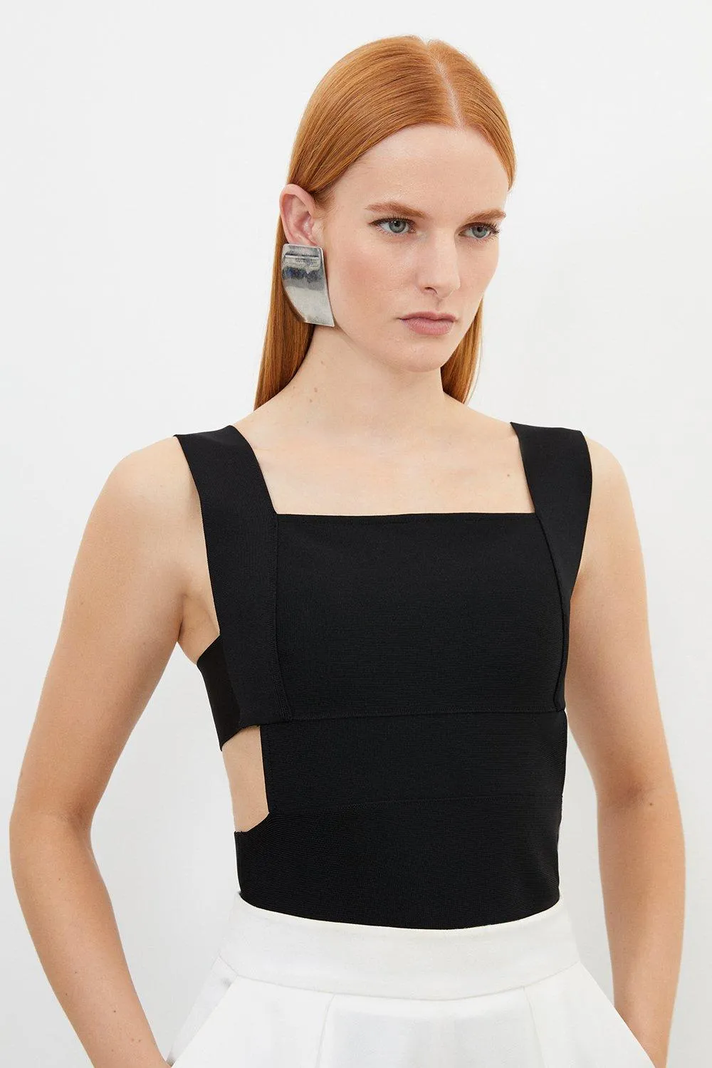 Figure Form Bandage Knit Square Neck Cut Out Top | Karen Millen