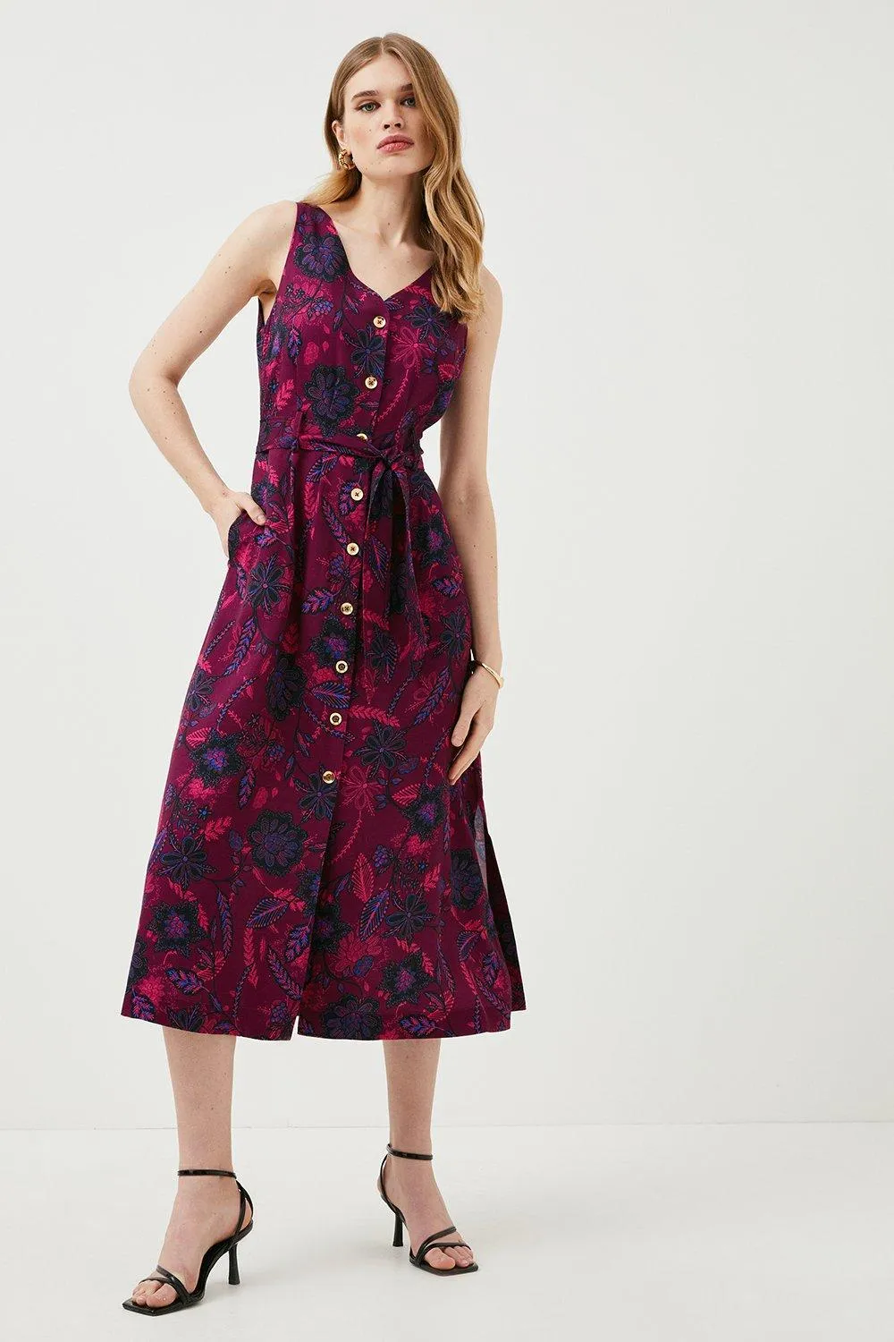 Floral Batik Premium Linen Viscose Woven Midi Dress | Karen Millen